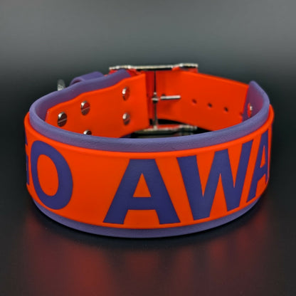 2 inch wide dark purple and orange biothane go away dog collar