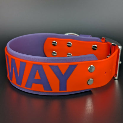 2 inch wide dark purple and orange layered biothane go away dog collar