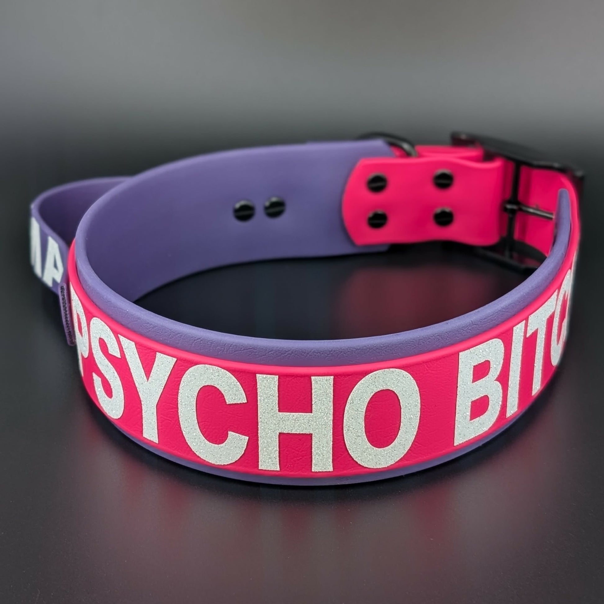 2 inch wide dark purple and pink layered biothane collar with handle and custom text