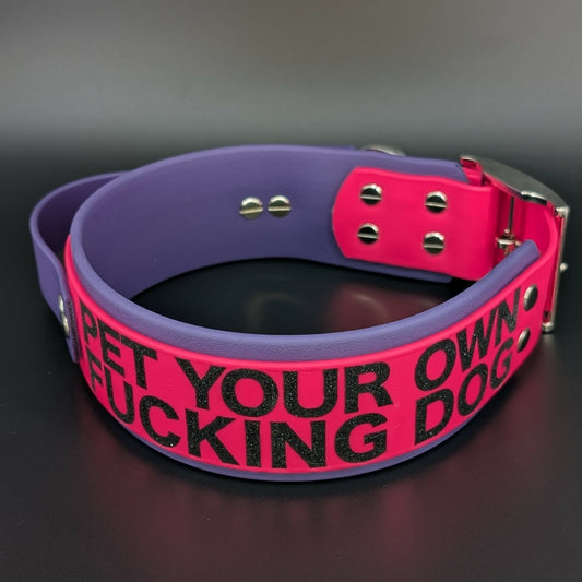 2 inch wide dark purple and pink layered biothane tactical handle collar with pet your own fucking dog text