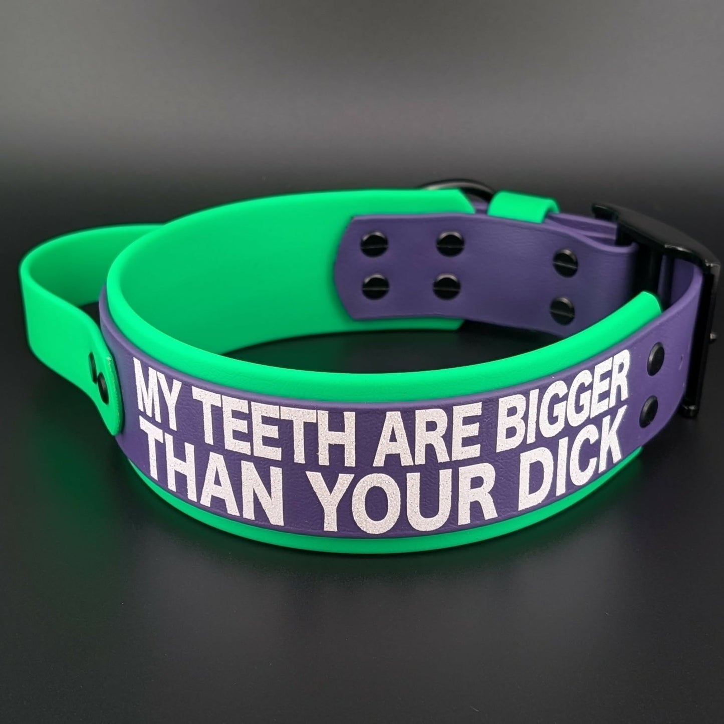 2 inch wide green and purple handle collar my teeth are bigger than your dick