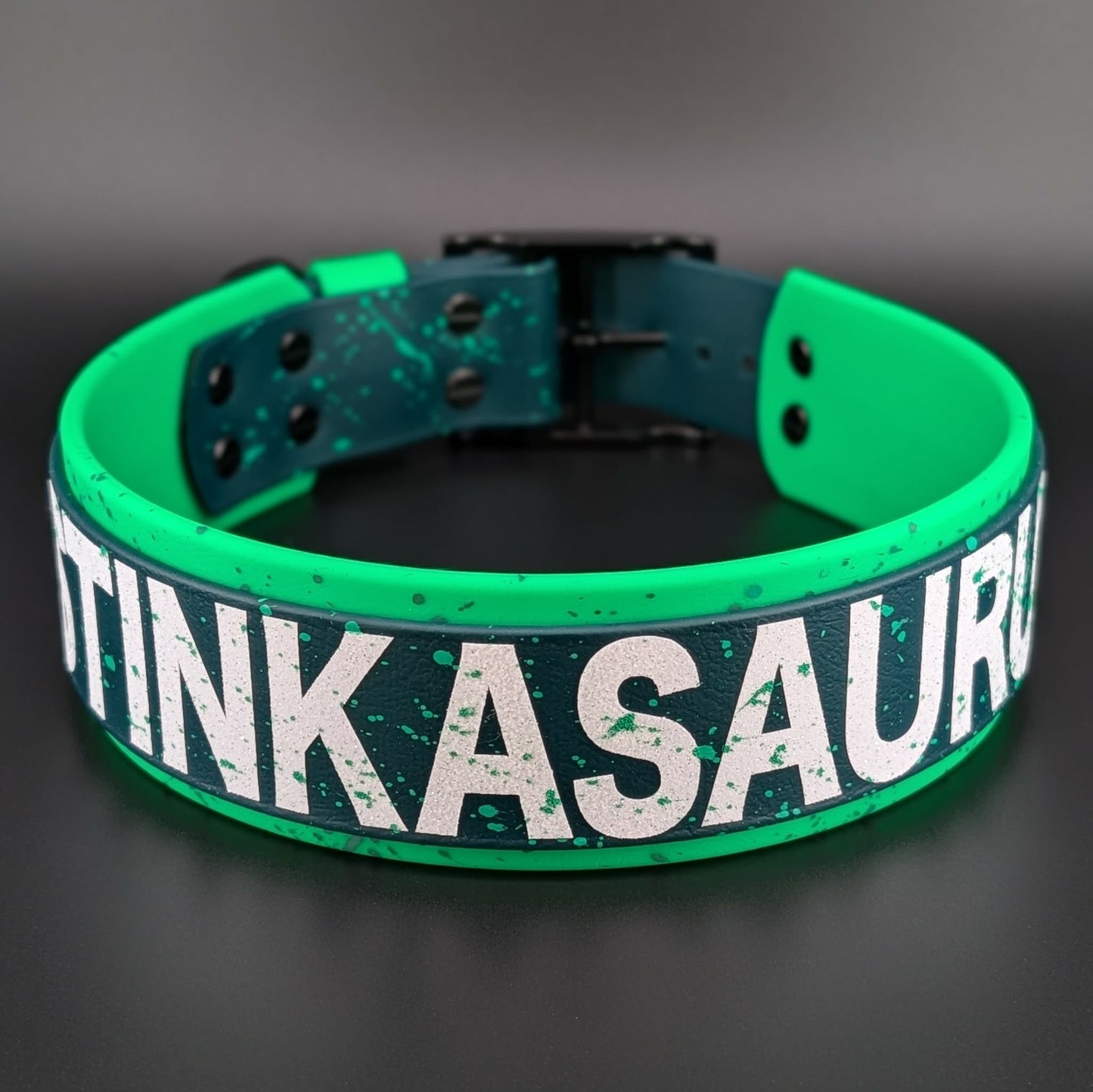 2 inch wide green layered biothane dog collar with custom text and splatter paint