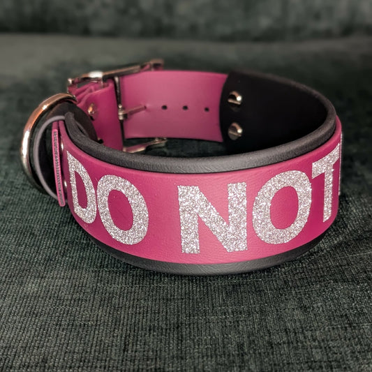 2 inch wide black and wine layered biothane dog collar with silver glitter 'DO NOT PET' text