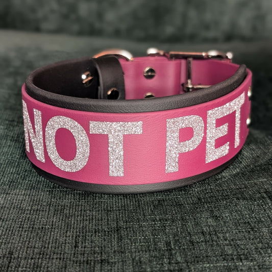 2 inch wide black and wine layered biothane dog collar with silver glitter text DO NOT PET