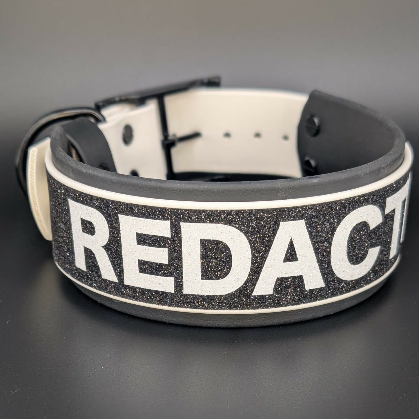 2 inch wide layered biothane dog collar with redacted text
