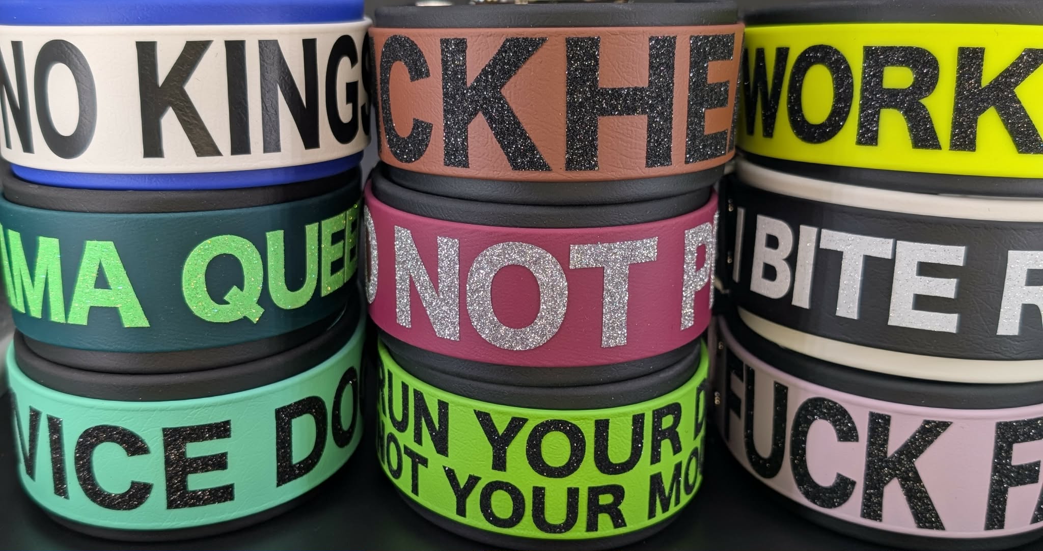 2 inch wide layered biothane dog collars with personalized text made by outer space dog gear