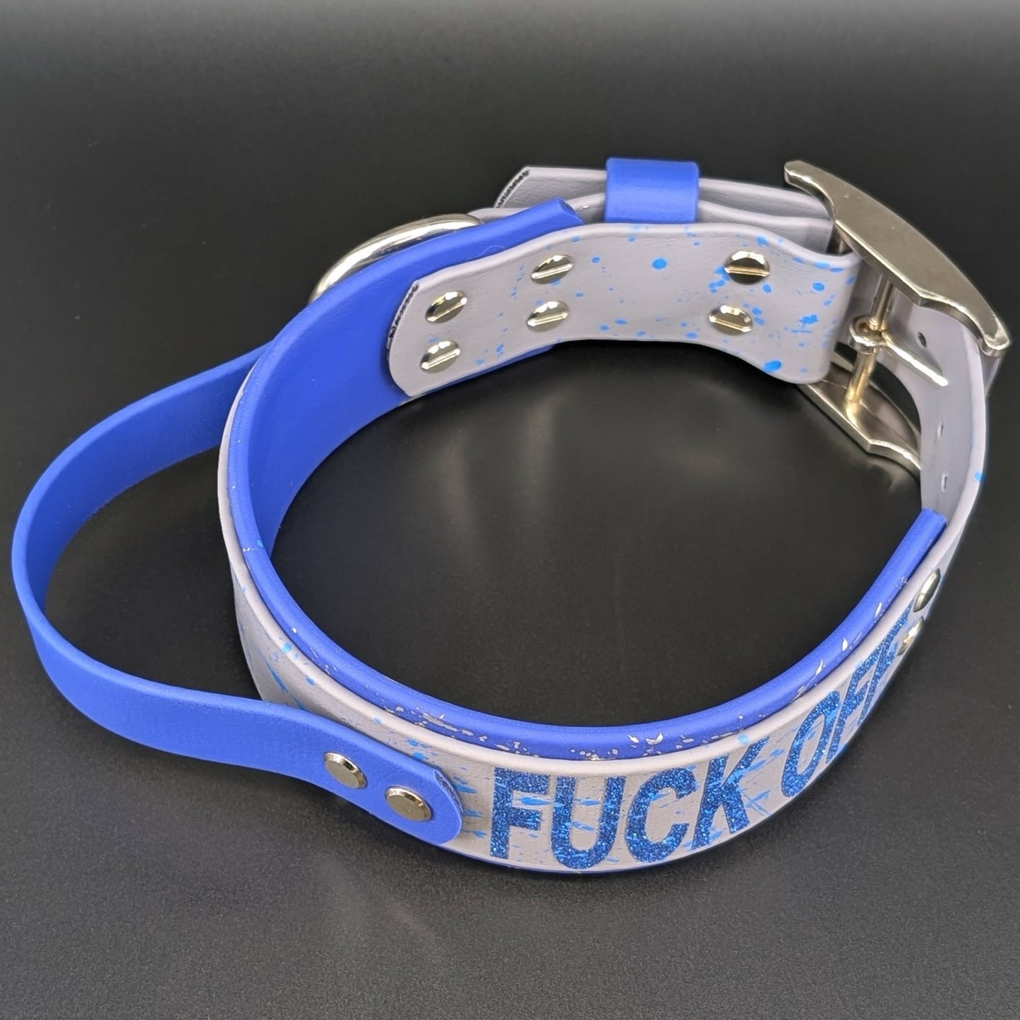 2 inch wide layered biothane tactical handle dog collar with splatter paint and fuck off text