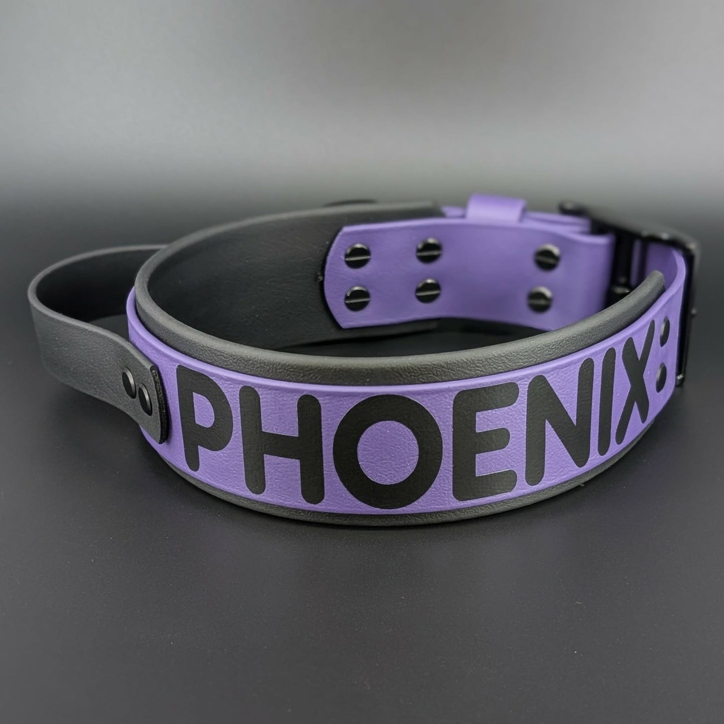 2 inch wide layered black and dark purple biothane collar with handle and custom text