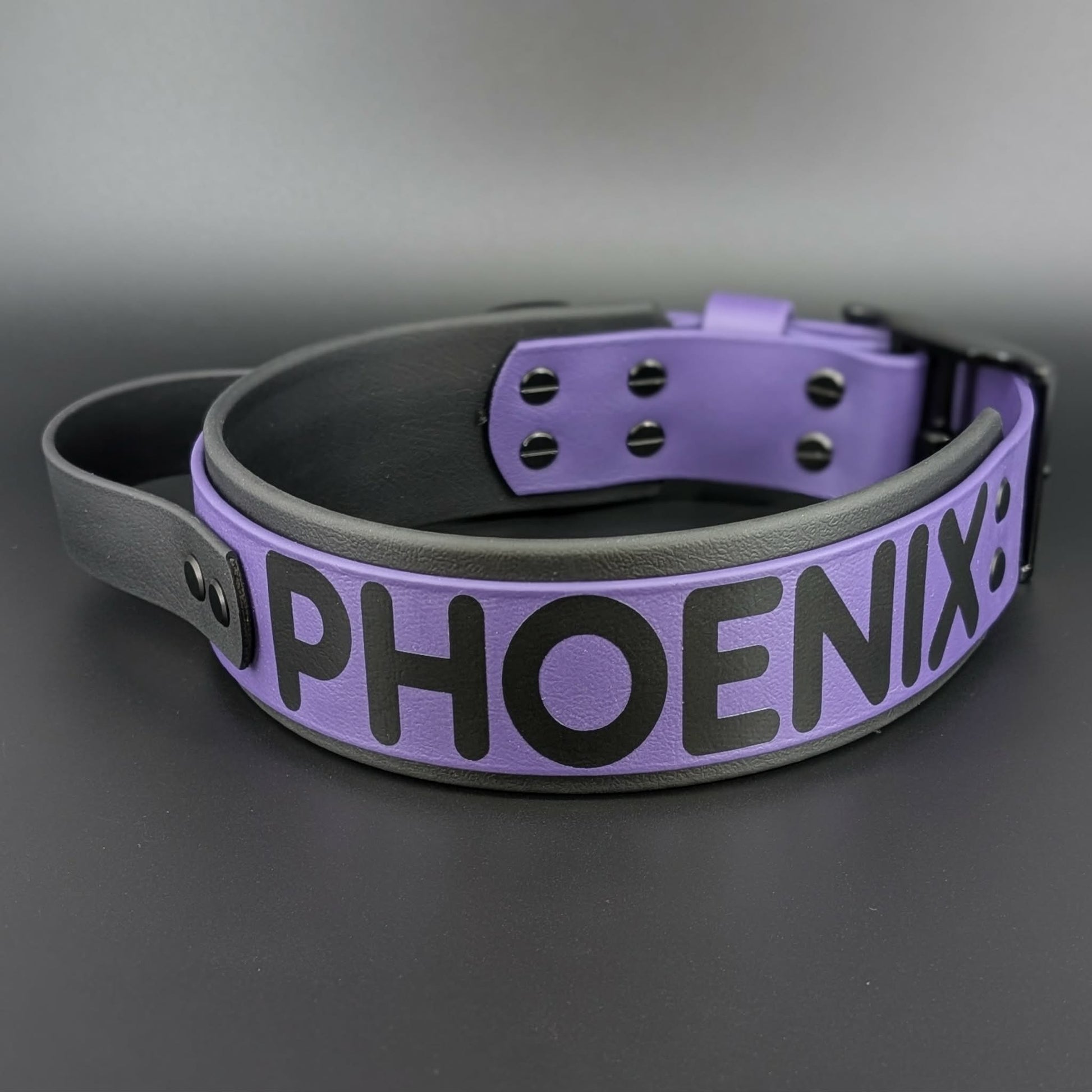 2 inch wide layered black and dark purple biothane collar with handle and custom text