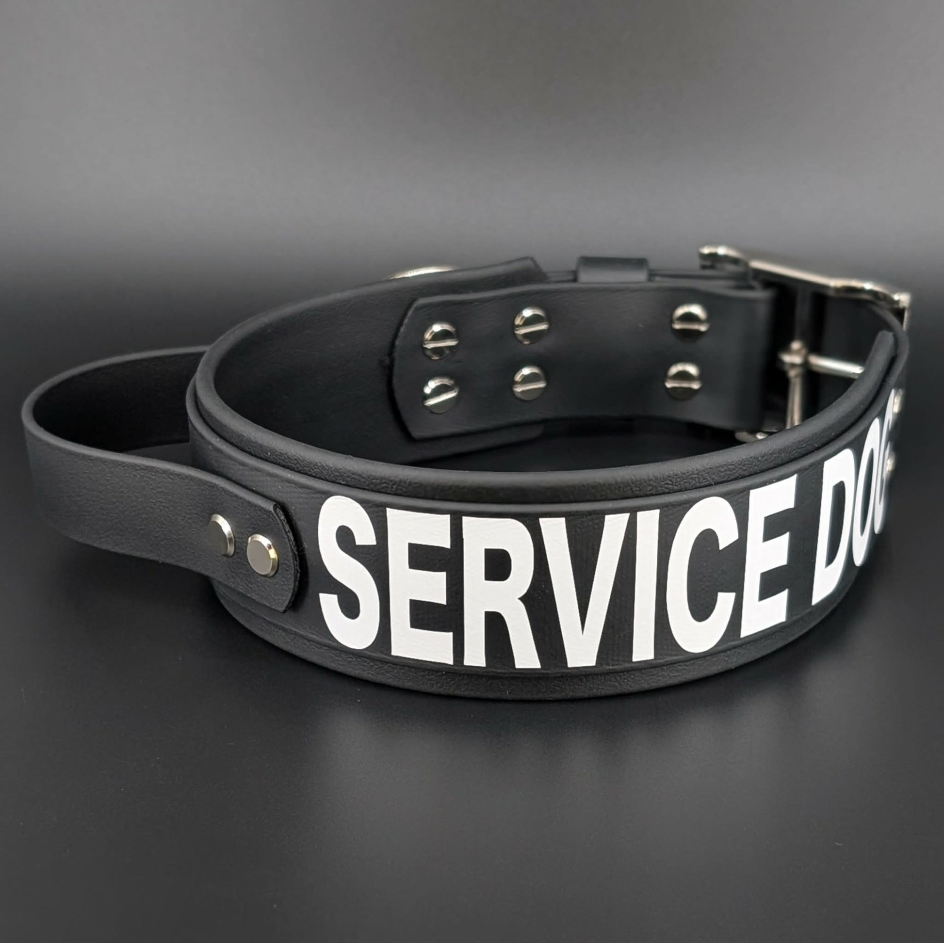 2 inch wide layered black biothane service dog collar with handle