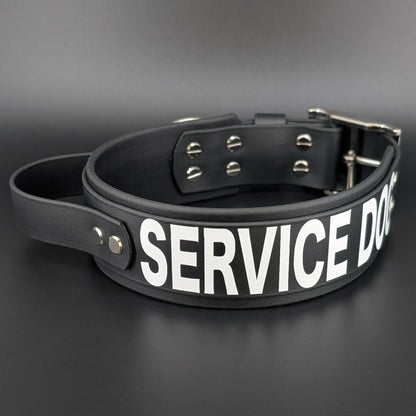 2 inch wide layered black biothane service dog collar with handle
