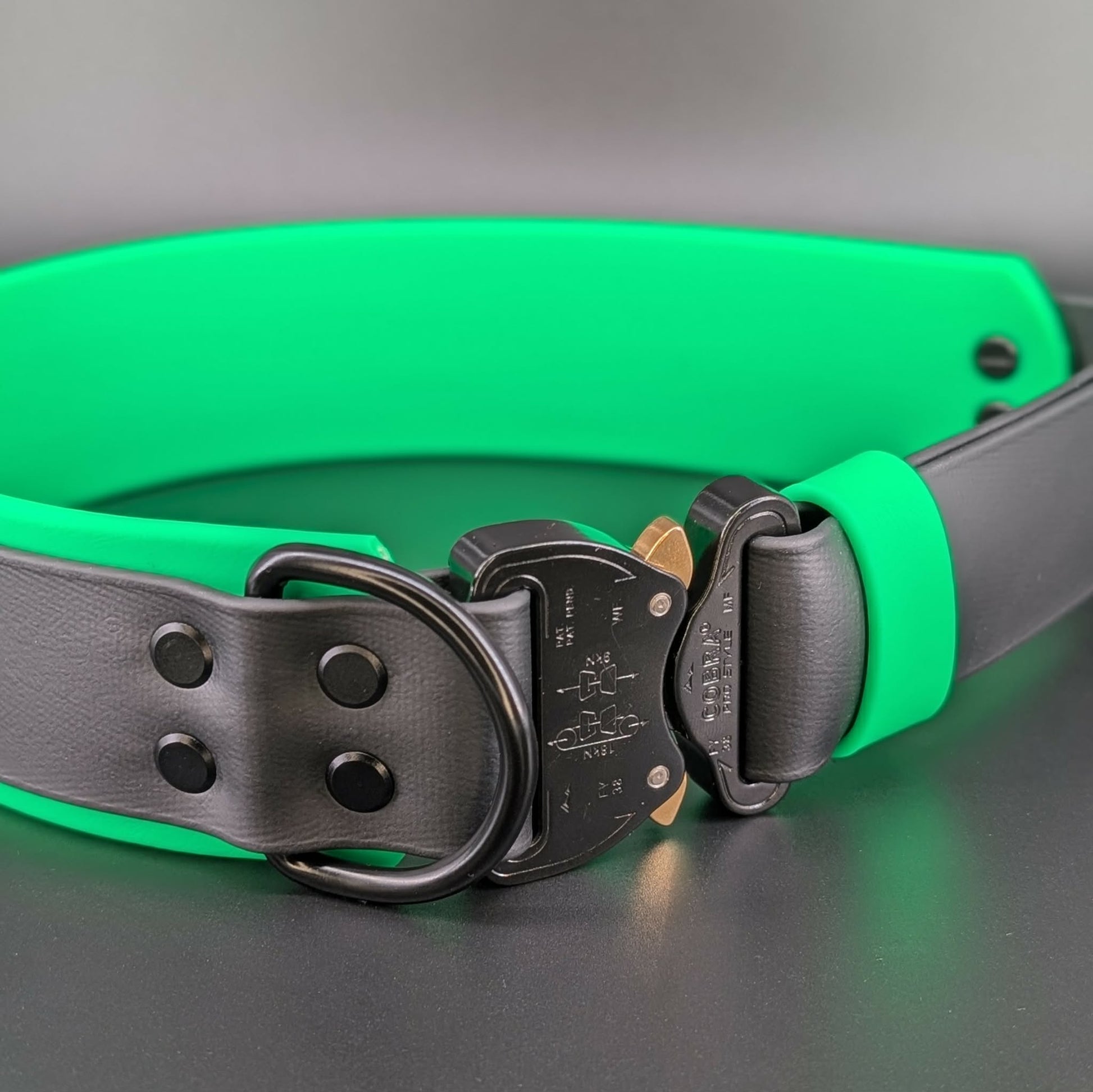 2 inch wide light green and black layered biothane dog collar with heavy duty quick release cobra buckle