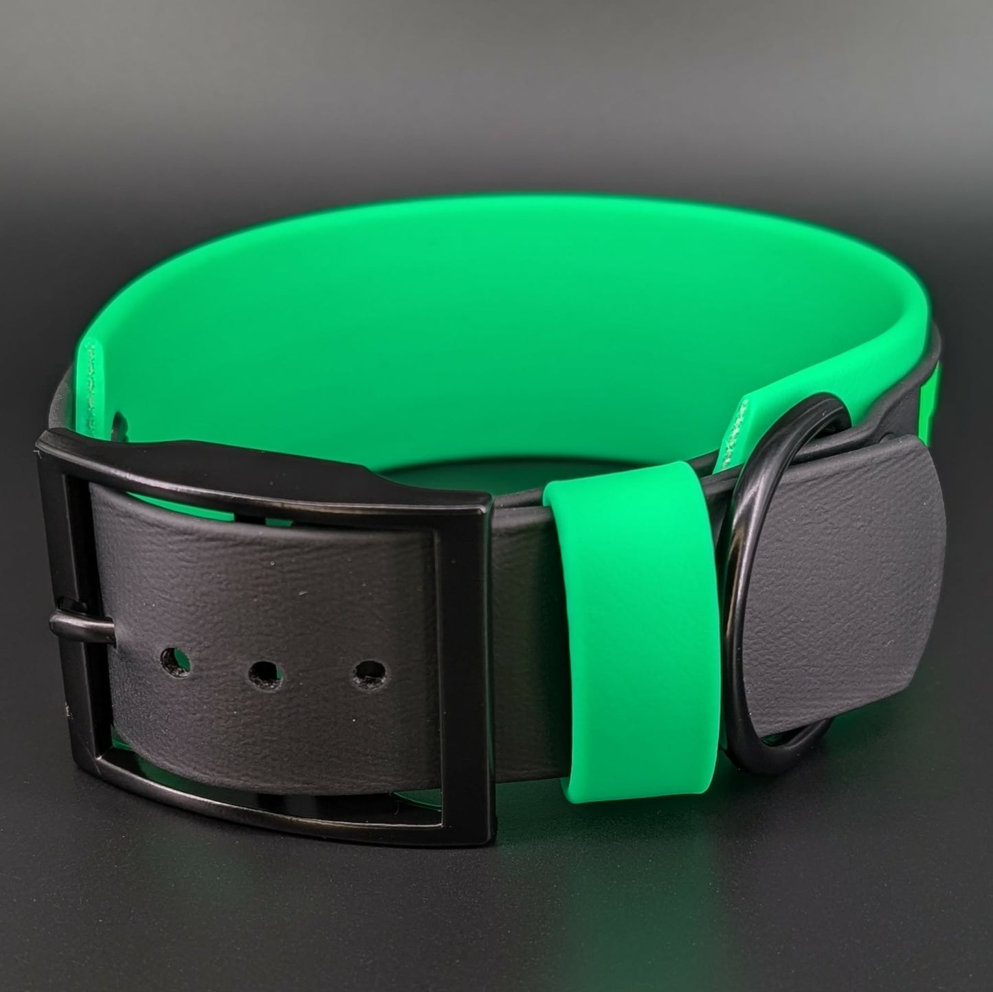 2 inch wide light green and black layered biothane dog collar