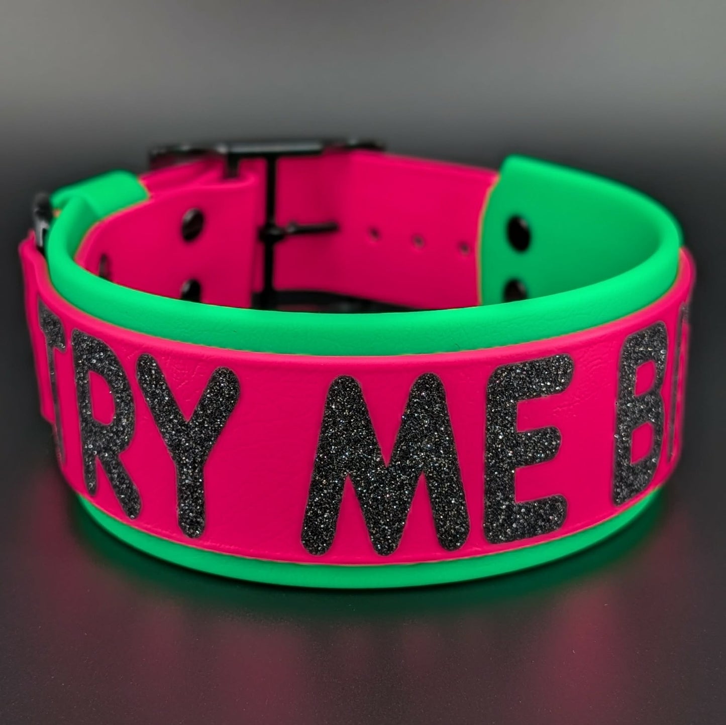 2 inch wide light green and pink layered biothane dog collar with glitter try me bitch text