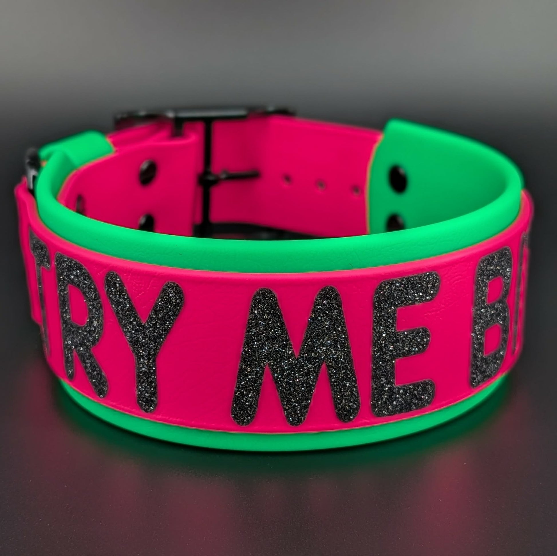 2 inch wide light green and pink layered biothane dog collar with glitter try me bitch text