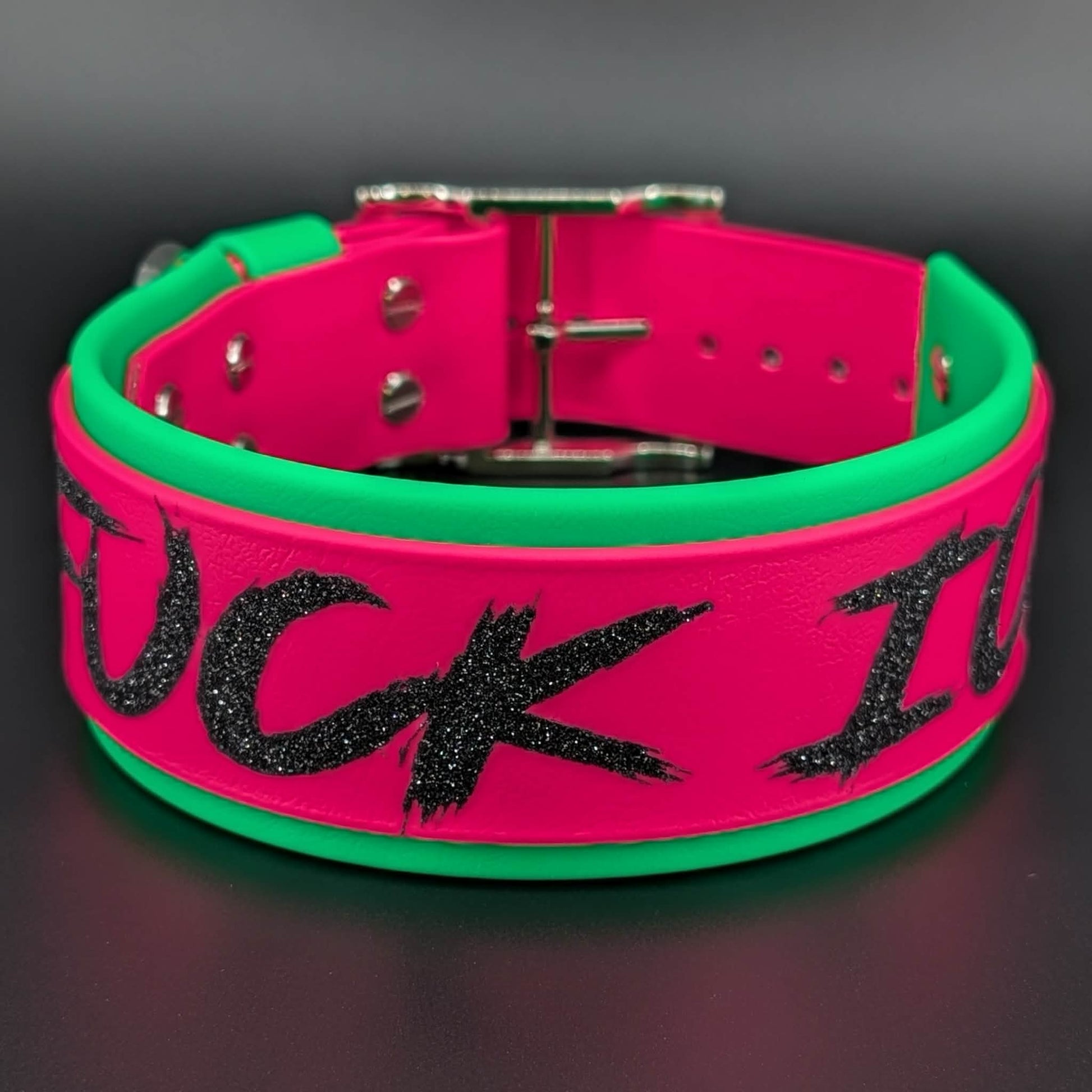 2 inch wide light green and pink layered biothane fuck ice dog collar