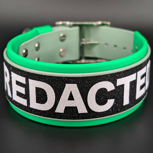 2 inch wide light green and sage green layered biothane redacted dog collar