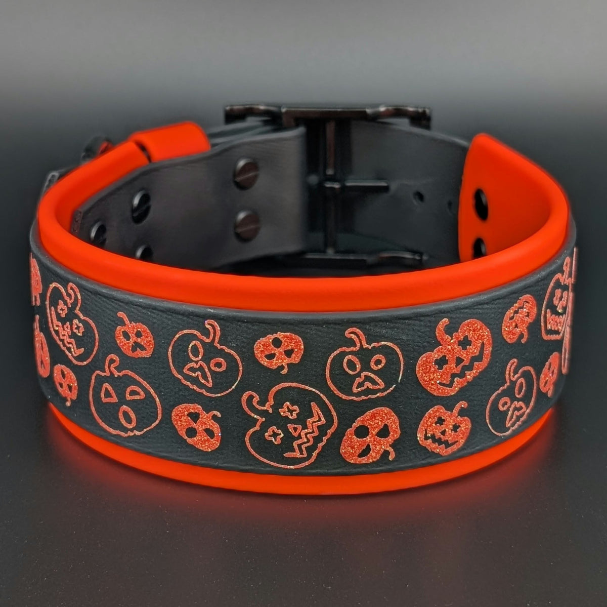 2 inch wide orange and black biothane halloween pumpkins dog collar