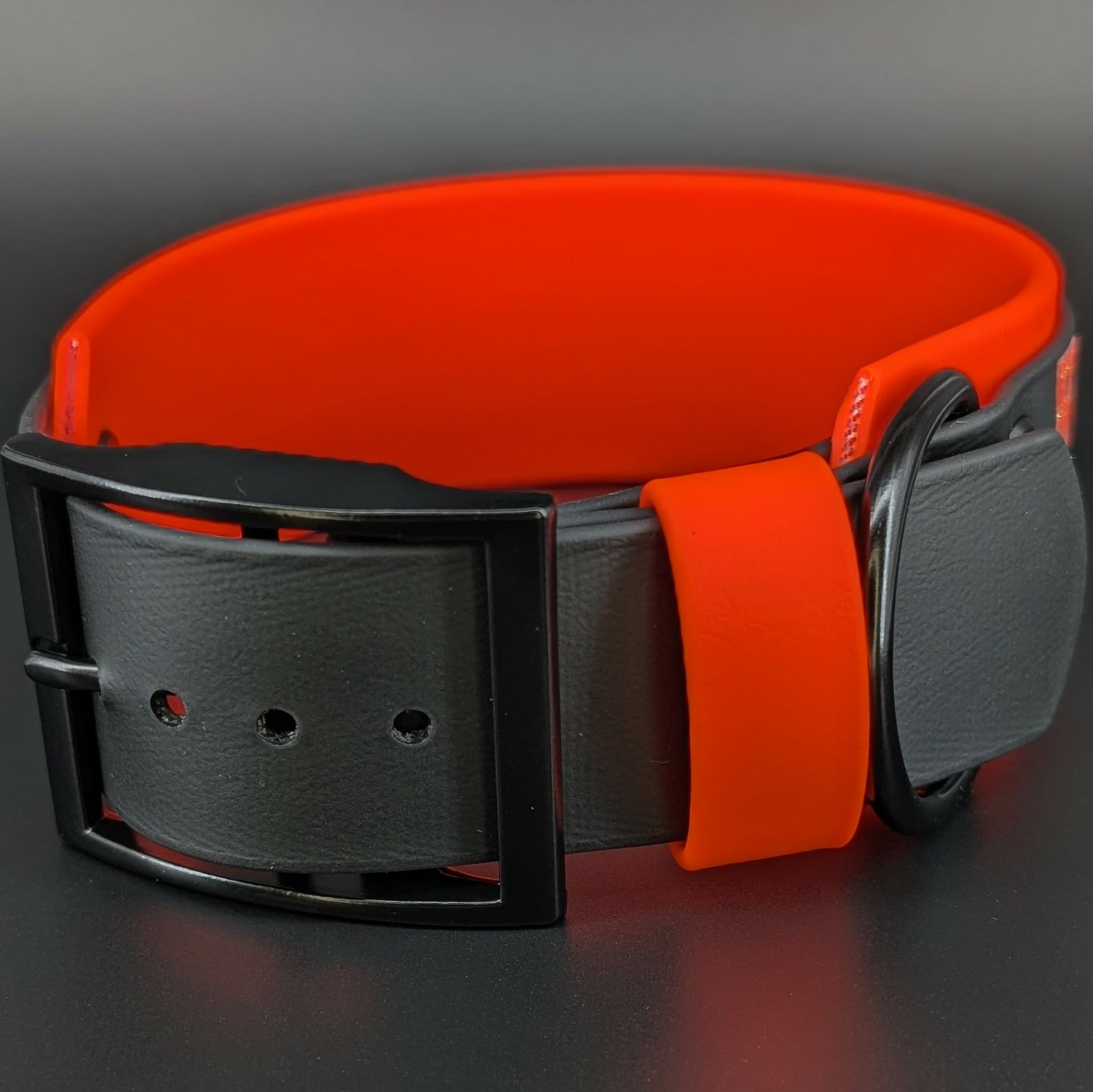 2 inch wide orange and black double layer biothane collar