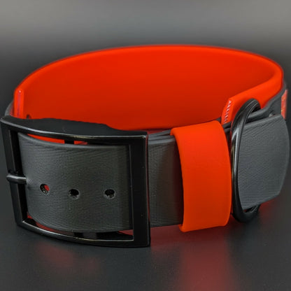 2 inch wide orange and black double layer biothane collar