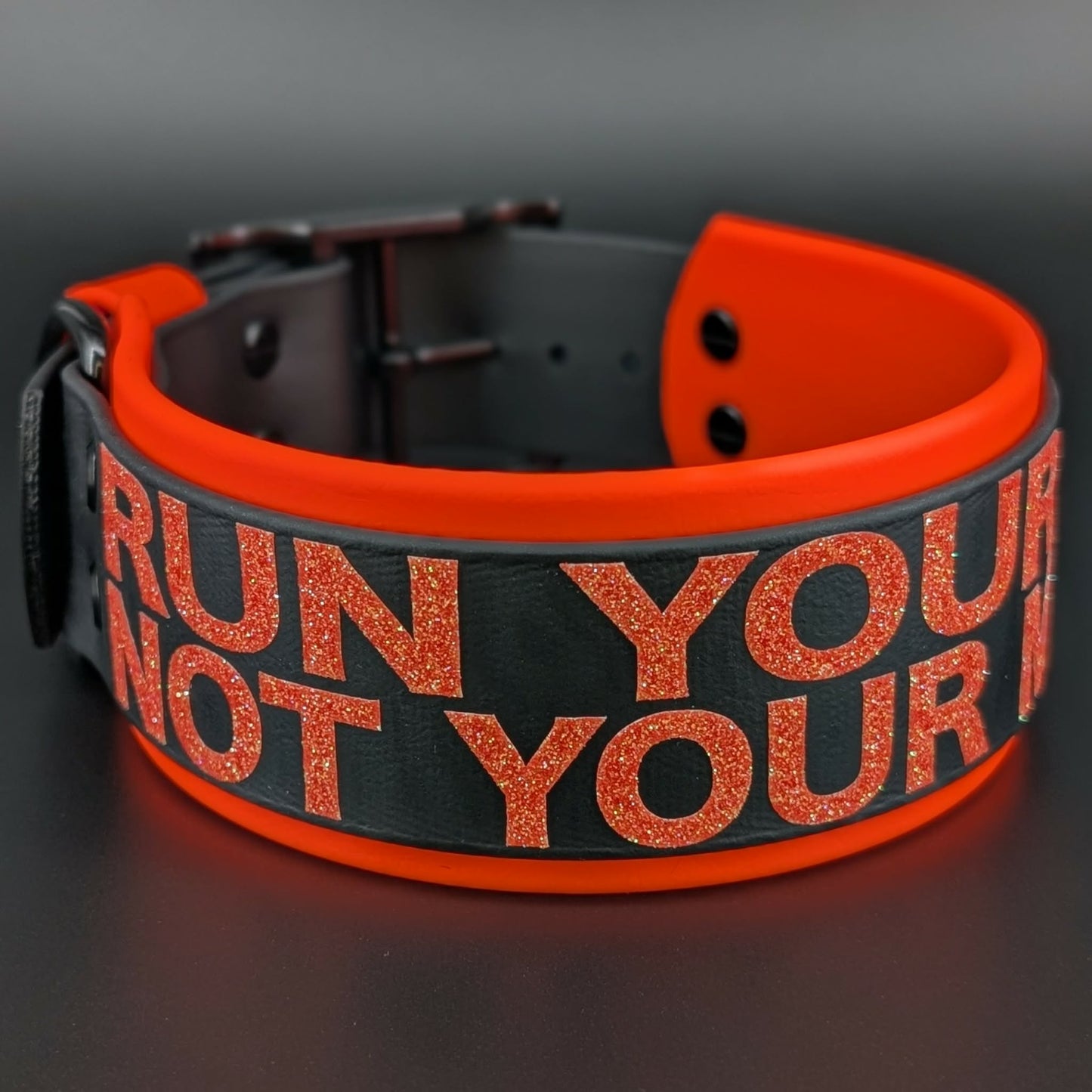 2 inch wide orange and black layered biothane run your dog not your mouth collar