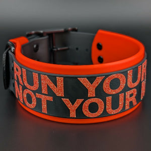 2 inch wide orange and black layered biothane run your dog not your mouth collar