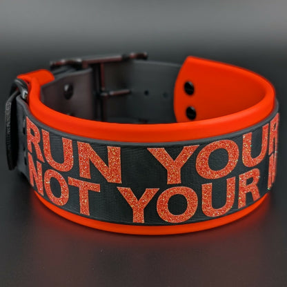 2 inch wide orange and black layered biothane run your dog not your mouth collar