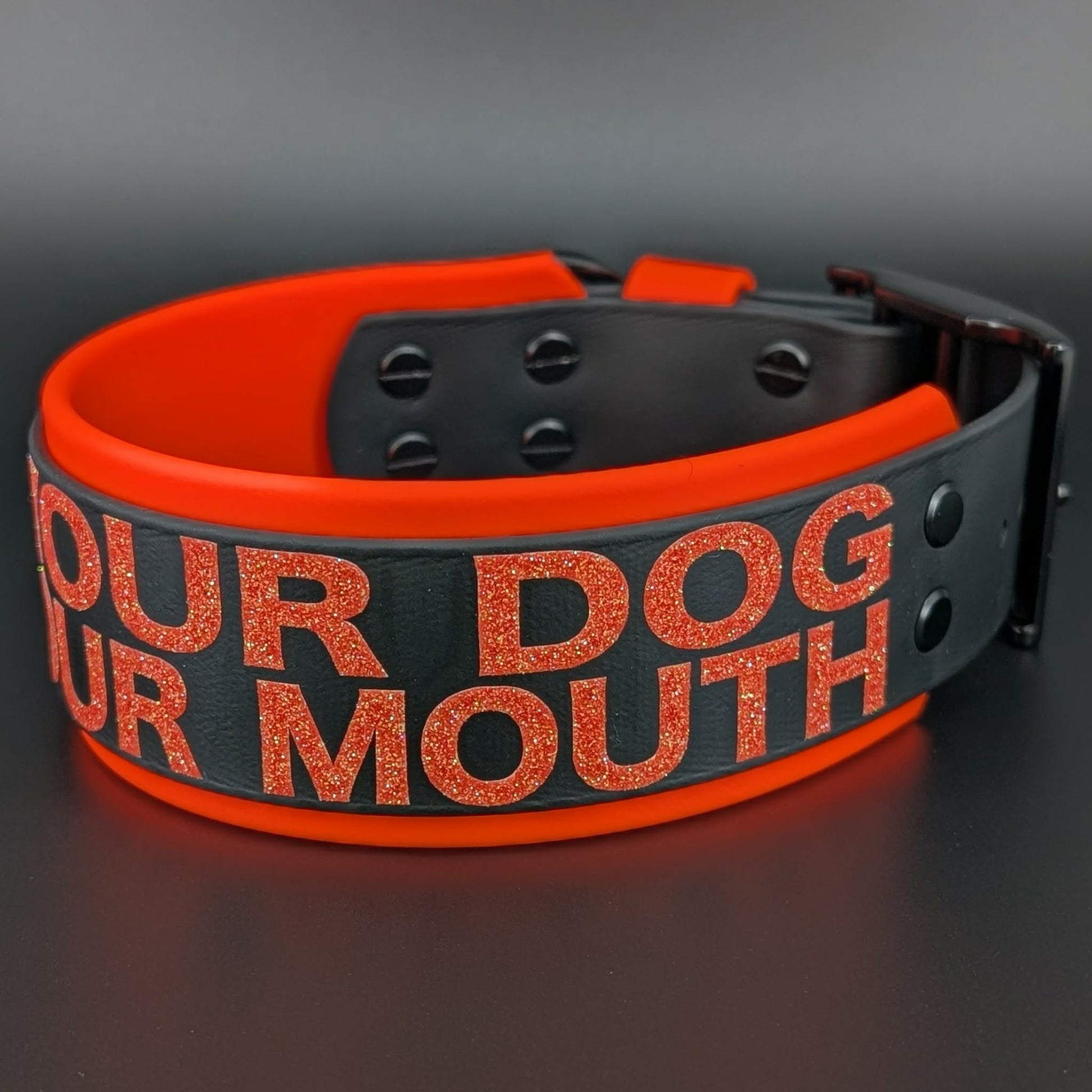 2 inch wide orange and black run your dog not your mouth collar