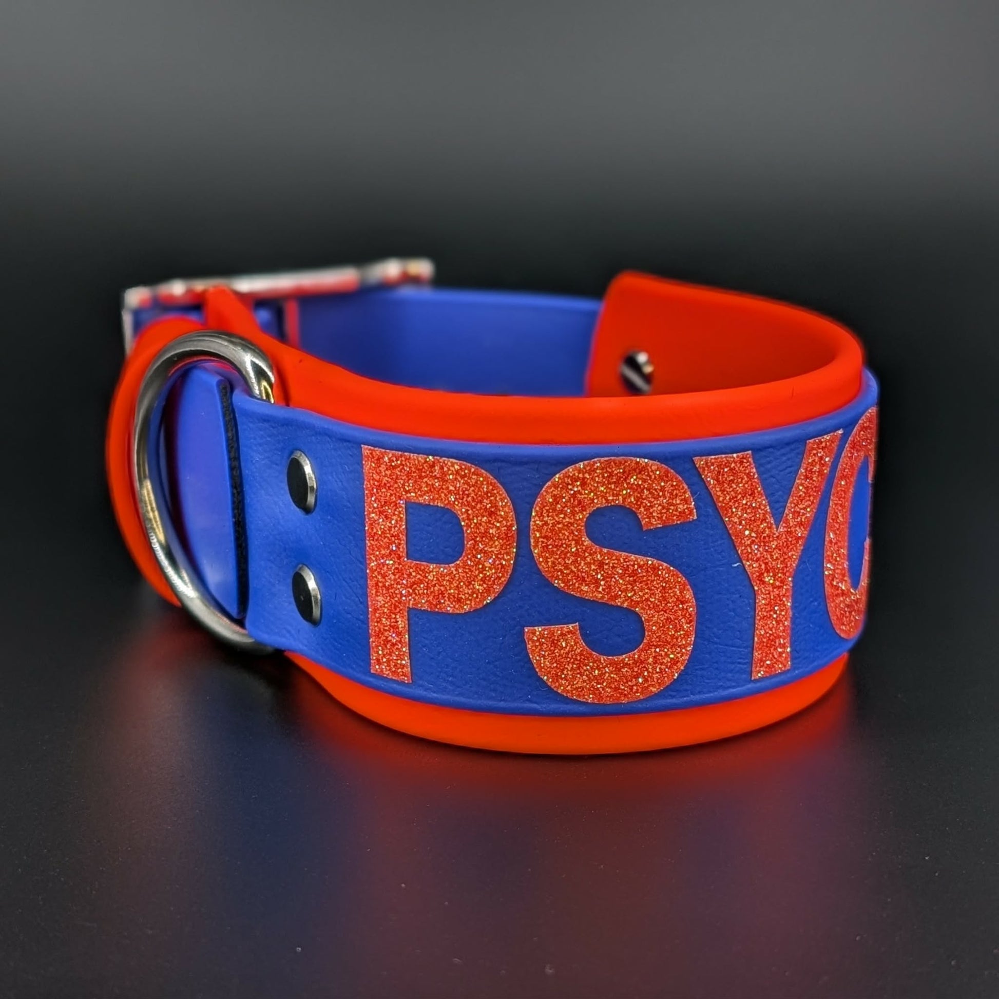 2 inch wide orange and royal blue biothane psycho collar
