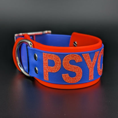 2 inch wide orange and royal blue biothane psycho collar