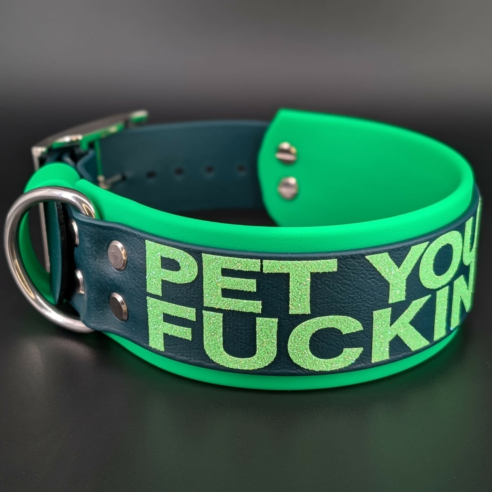 2 inch wide pet your own fucking dog collar green layered biothane