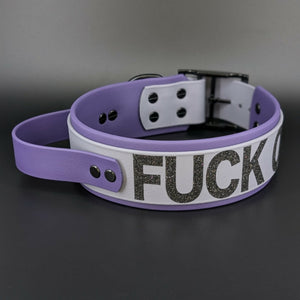 2 inch wide purple and gray layered biothane dog collar with tactical handle and fuck off glitter text