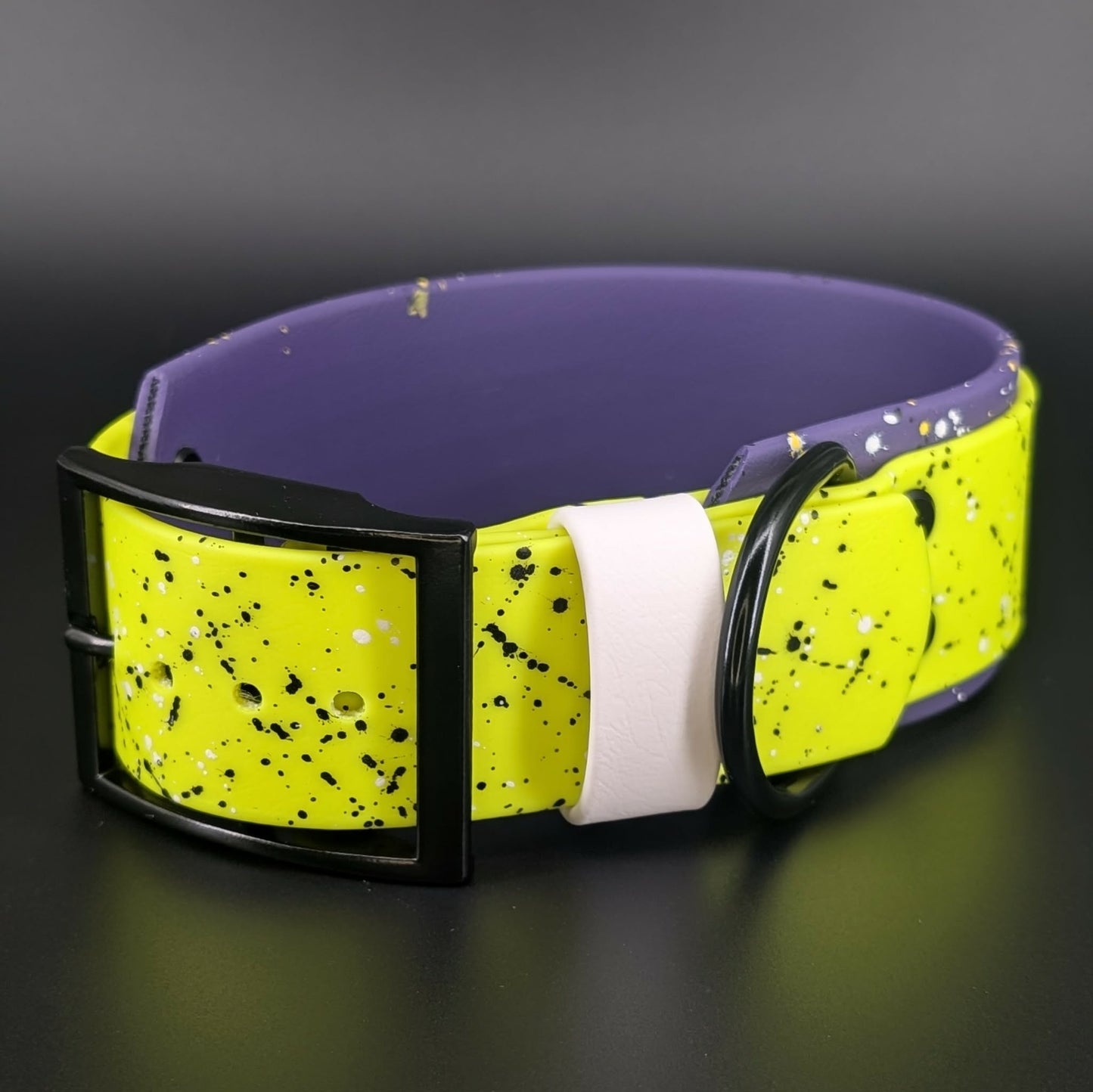 2 inch wide purple and yellow layered biothane nonbinary pride dog collar