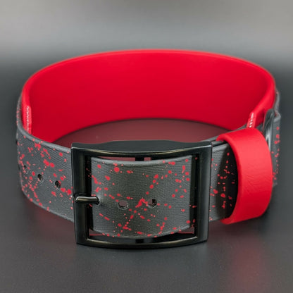 2 inch wide red and black biothane dog collar with red splatter paint