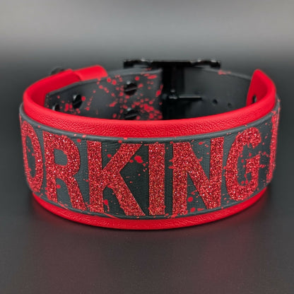 2 inch wide red and black layered biothane dog collar with custom glitter text and splatter paint