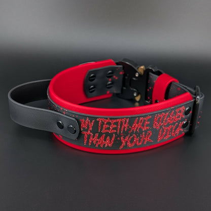 2 inch wide red and black layered biothane dog collar with tactical handle splatter paint and cobra buckle