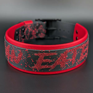 2 inch wide red and black layered biothane man eater collar with red splatter paint