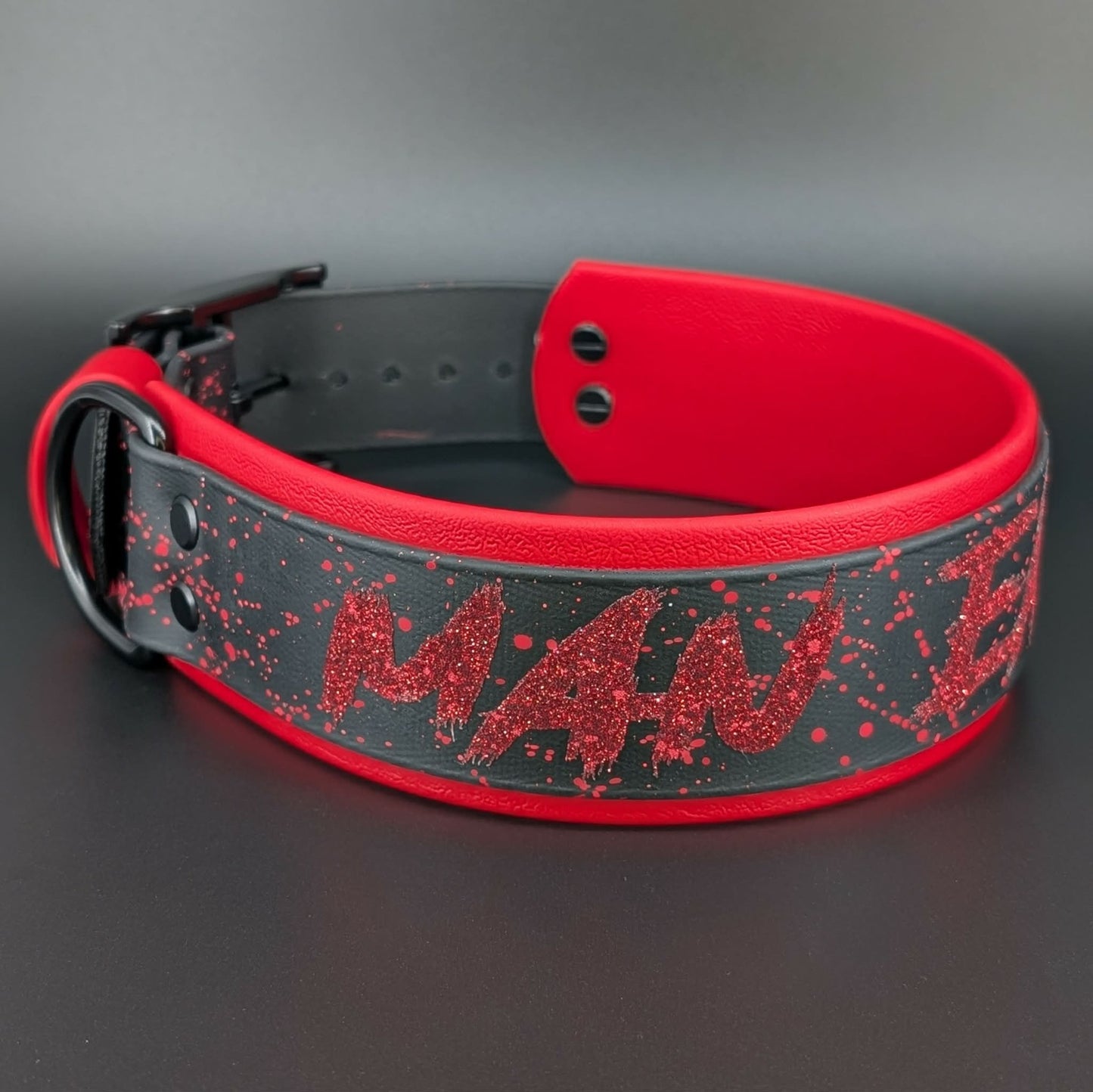 2 inch wide red and black layered biothane man eater dog collar with red splatter paint