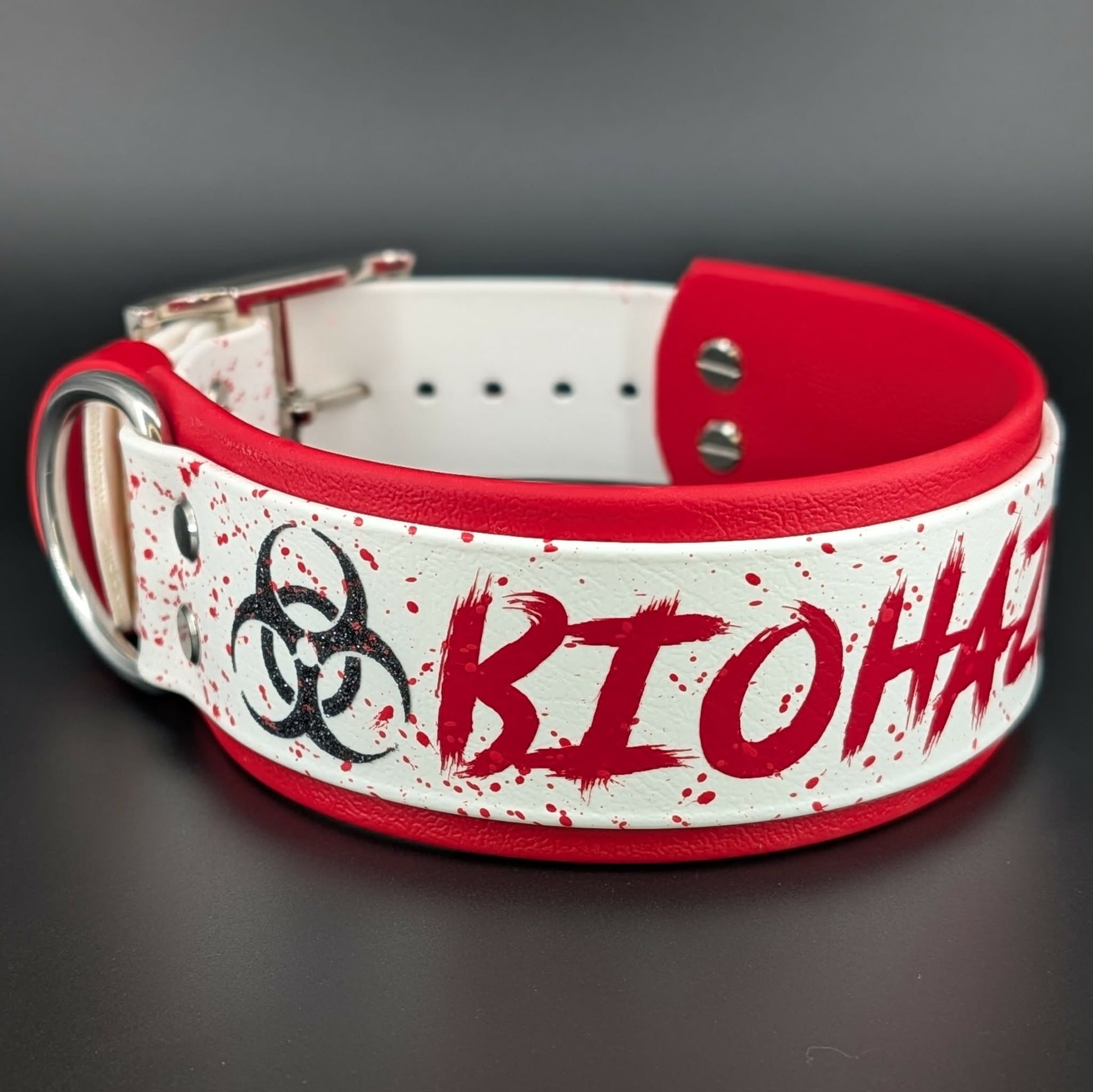2 inch wide red and white layered biothane dog collar with biohazard text and symbols