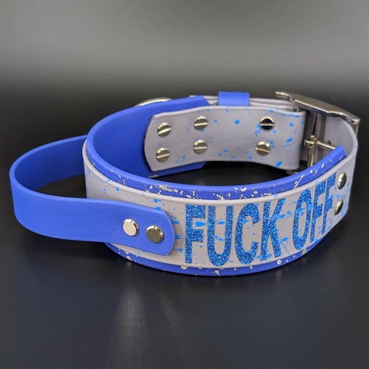 2 inch wide royal blue and gray layered biothane dog collar with tactical handle and fuck off glitter text