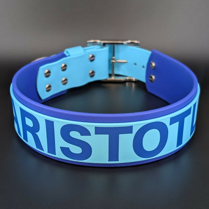 2 inch wide royal blue and light blue layered biothane dog collar with silver hardware and custom text