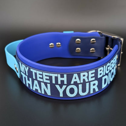 2 inch wide royal blue and navy blue layered biothane my teeth are bigger than your dick collar with tactical handle