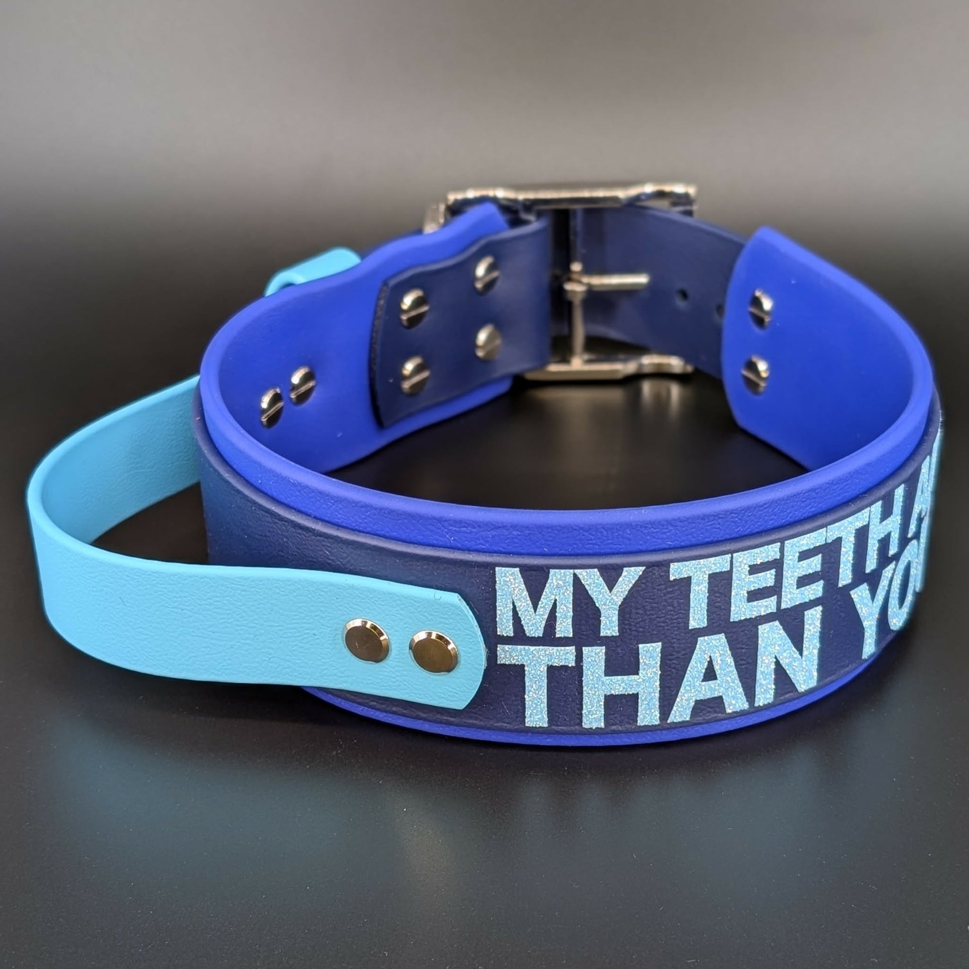 2 inch wide royal blue and navy blue layered biothane my teeth are bigger than your dick dog collar with tactical handle