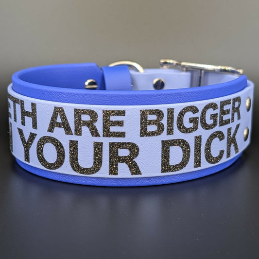 2 inch wide royal blue and periwinkle layered biothane my teeth are bigger than your dick dog collar