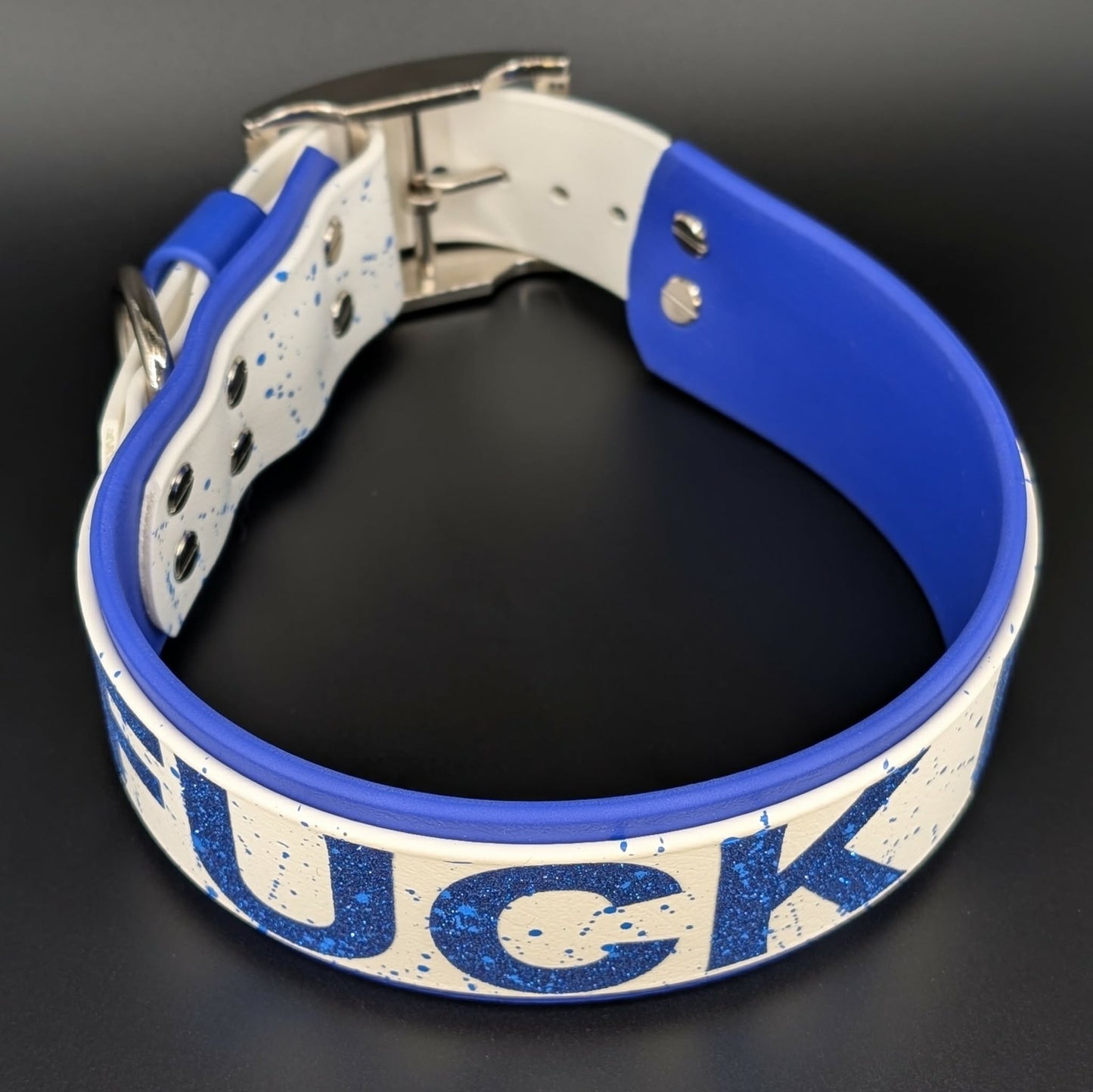 2 inch wide royal blue and white layered biothane fuck ice dog collar with splatter paint