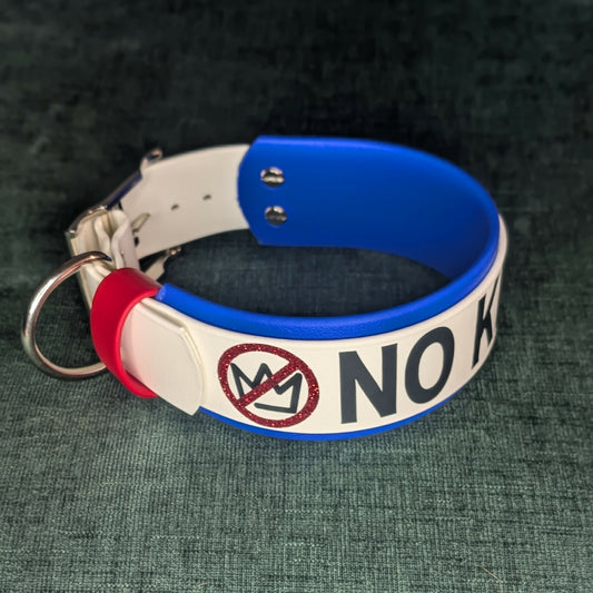 2 inch wide royal blue and white layered biothane no kings dog collar