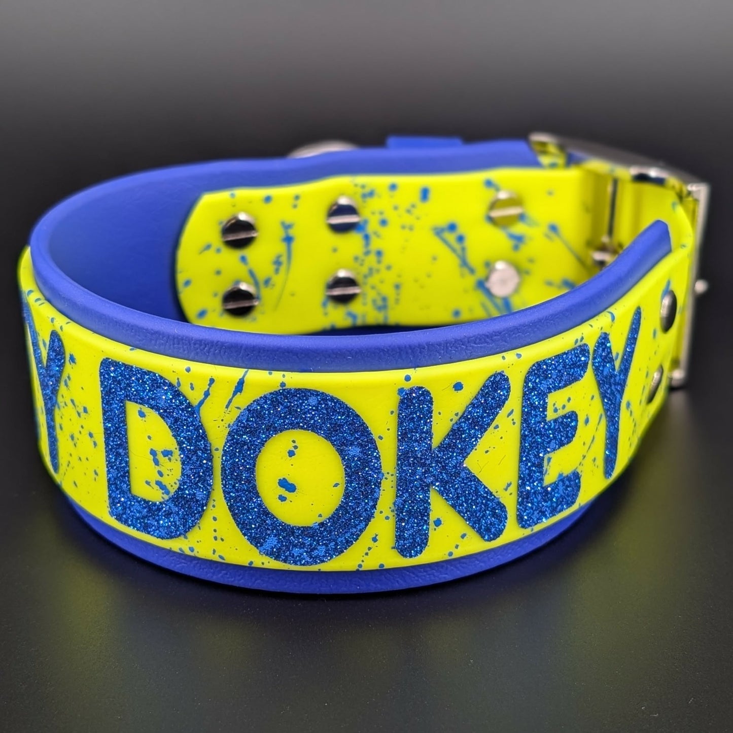 2 inch wide royal blue and yellow okey dokey dog collar
