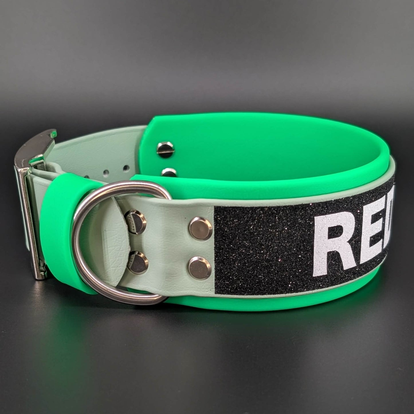 2 inch wide sage and light green layered biothane redacted dog collar