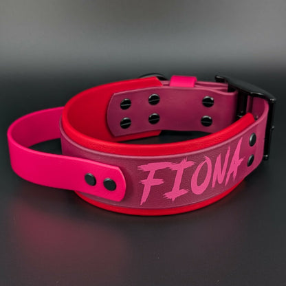 2 inch wide tactical handle dog collar red wine and pink biothane with custom text