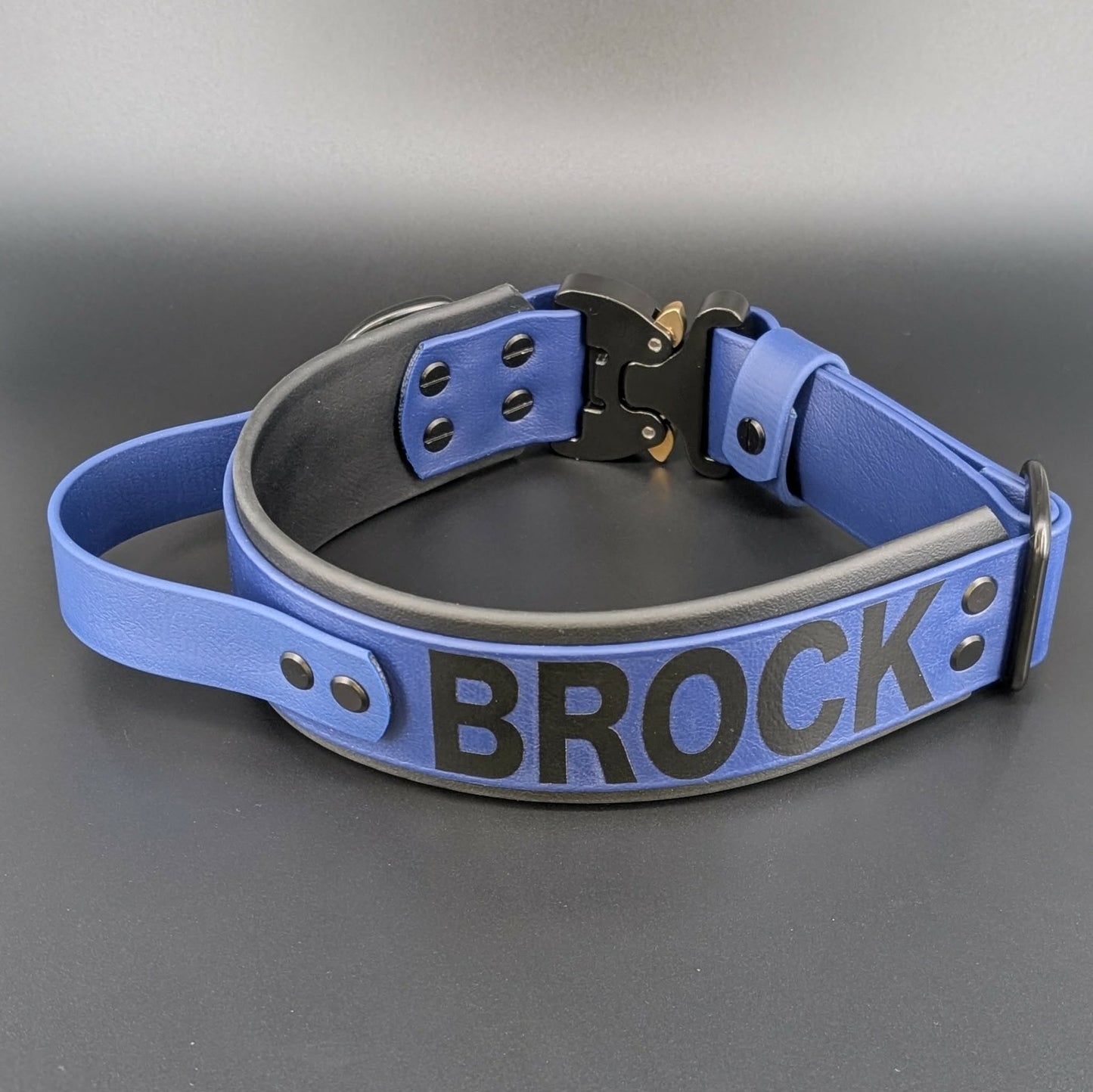 2 inch wide tactical handle dog collar with quick release cobra buckle and personalized text reading brock